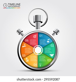 Vector stopwatch timeline infographic. Template for cycle diagram, graph, presentation and round chart. Business concept with 6 options, parts, steps or processes. Abstract background.