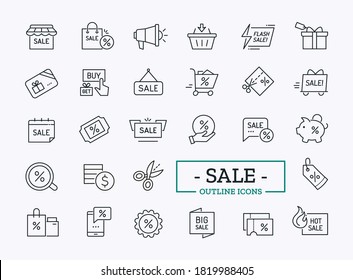 Vector store sale symbol collection. Thin line icon of tag, discount, banner, coupon, shopping bag, cart, gift. Outline symbols of advertising