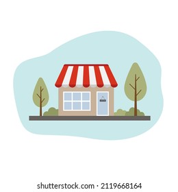 Vector store or shop and market front exterior facade, vector illustration on city space background. icon supermarket