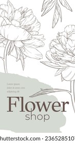Vector stories template with large beautiful linear peonies. Hand drawn big open flowers branches, leaves. Abstract paint spot copyspace. Elegant floral contour art. Advertising banner layout design