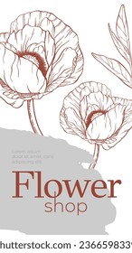 Vector stories template with large beautiful linear poppies. Two hand drawn big open flowers, contour leaf. Abstract splash copyspace. Elegant floral advertising banner layout design. Ink painted art