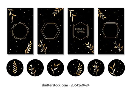 Vector stories templates and highlight cover icons for social media. Abstract luxury backgrounds with golden leaves for beauty bloggers, online shops