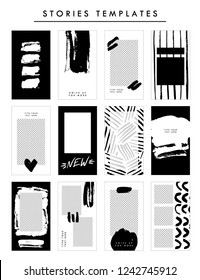 Vector stories templates set. Minimalist social media story template with brush strokes in black and white colors.