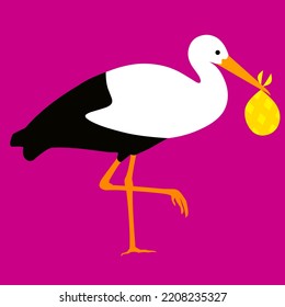 Vector stork holding a baby. Isolated on a pink background. Great for love logo