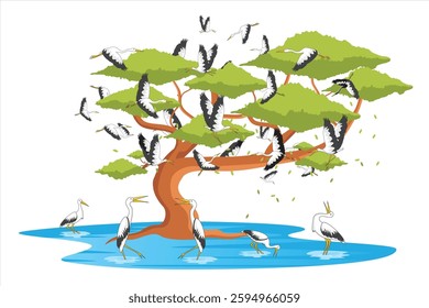 Vector of storks perched on a dense tree. Illustration of a flock of wildlife in beautiful nature. Illustration of a flock of storks living in groups on a tree and looking for food