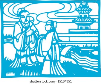 vector of Story about Confucius tutoring students, in the Spring Period of China