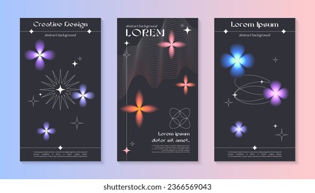 Vector story cosmic templates with linear shapes,blurred sparkles in 90s style.Smm banners in y2k aesthetic.Futuristic designs for social media marketing,branding,packaging