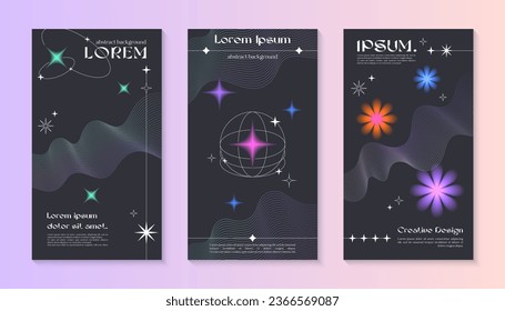 Vector story cosmic templates with linear shapes,blurred sparkles in 90s style.Smm banners in y2k aesthetic.Futuristic designs for social media marketing,branding,packaging