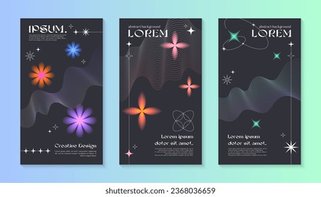 Vector story cosmic templates with linear shapes,blurred sparkles in 90s style.Smm banners in y2k aesthetic.Futuristic designs for social media marketing,branding,packaging