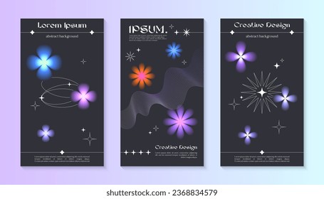 Modelos cósmicos de historia vectorial con formas lineales, chispas borrosas al estilo de los años 90.Banners Smm en estética y2k.Diseños futuristas para marketing en medios sociales, marca, embalaje