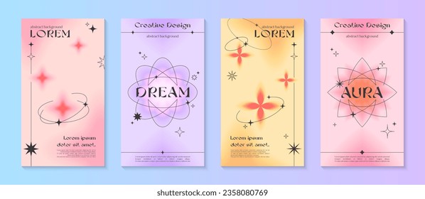 Vector story gradient templates with linear shapes,blurred sparkles,copy space for text in 90s style.Smm banners in y2k aesthetic.Trendy designs for social media marketing,branding,packaging