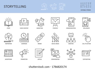 Vector storytelling icons. Editable stroke. Story content marketing strategy, campaign advertising brand social media. Conversation promotion article inspiration, copywriting call to action influencer