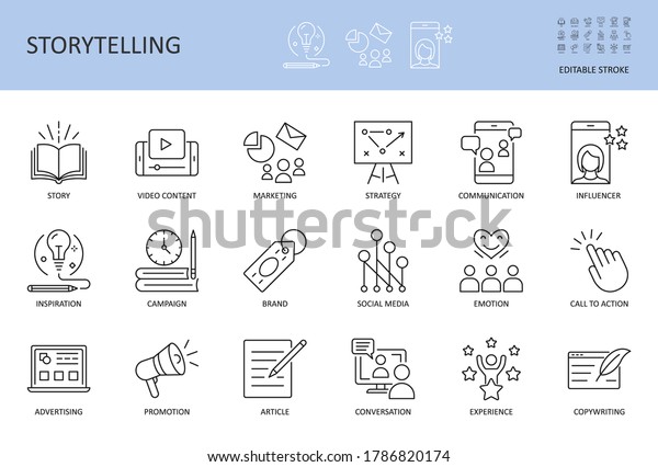 Vector storytelling icons. Editable stroke.\
Story content marketing strategy, campaign advertising brand social\
media. Conversation promotion article inspiration, copywriting call\
to action influencer