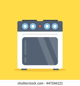 Vector stove. White electric kitchen stove with oven isolated on yellow background. Flat design vector illustration