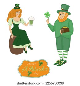 Vector of St.Patrick`s day  cartoon characters;Leprechaun and beautiful girl with green beer.