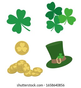 Vector of St.Patrick`s day set.Coins,clover leaves,Leprechaun`s hat.Isolated elements on white background