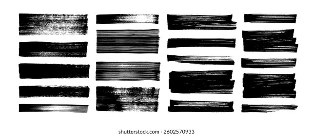 Vector straight bold brush strokes collection. Brush drawn bold lines, thick calligraphy smears. Hand drawn marker highlights and banners. Straight vector underlines, black ink thick smears set.
