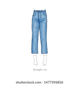 Vector straight cut style blue jeans. Denim female pants sketch icon. Casual fashion trousers, trendy garment for women. Urban fabric apparel, fashionable blue clothing. Isolated illustration