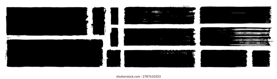 Vector straight wide brush stroke set. Black paint tags, ink boxes, bold grunge strokes. Calligraphy brushwork sketchy rectangles, stamp texture handdrawn backgrounds, banners, marker label and tag bg