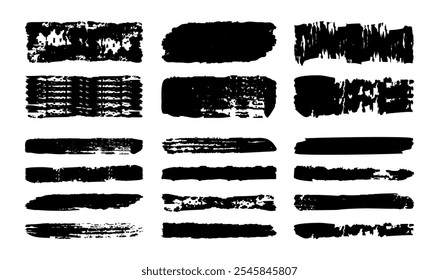 Vector de trazos de pincel en línea recta. Manos dibujadas con manchas y rayas negras. Conjunto de pinceladas de caligrafía japonesa o china. Dibujar cuadros de texto rectangulares: textura gruesa de la línea de pintura de grunge.