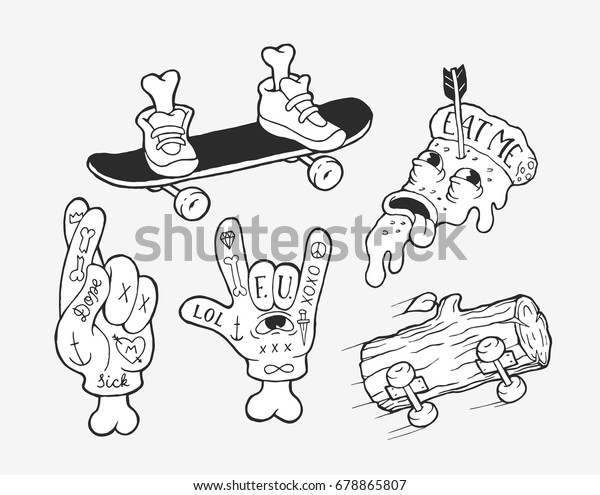 ベクター画像の奇妙なスケーターステッカーコレクション シンプルで面白い手描きの小さなイラスト ピザ ホーンジェスト 指と足を交差させてスケートをする のベクター画像素材 ロイヤリティフリー