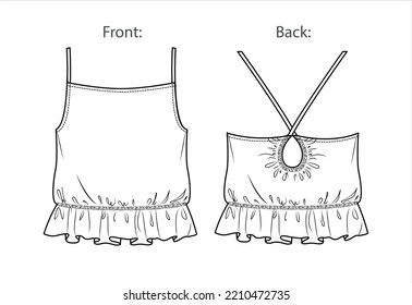 Vektorlose oberste technische Zeichnung, Damenbluse mit Riemen-CAD, Nacken-Shirt mit geöffnetem Rücken-Template, Skizze, flach. Jersey-Stoffcamisol mit Vorder-, Rücken-Ansicht, weiß