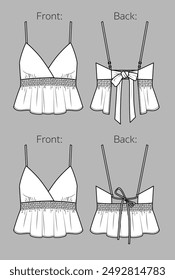 Vector strapless top technical drawing, women crop blouse with straps fashion CAD, V-neck tank top with bow  detail template, sketch, flat. Romantic 2 pcs set camisol with front, back view, white col