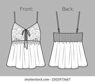 Vector strapless top technical drawing, women crop blouse with straps fashion CAD, V-neck tank top with lace and bow detail template, sketch, flat. Romantic camisol with front, back view, white color