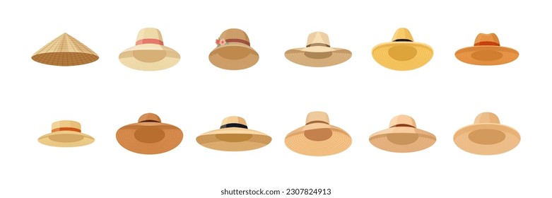 Sombreros de paja vectoriales. Sombrero asiático, femenino, femenino, femenino y masculino, conjunto de iconos de capucha aislado. Accesorio de la cabeza de la playa de verano, tradicional, los granjeros odian la colección de sombreros en estilo plano. Vista frontal