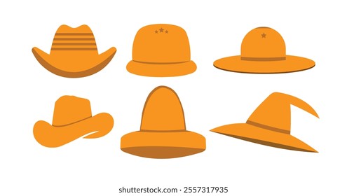 Vector Straw Hats. Asian Non La, Female, Women and  Men Hat, Cap Icon Set Isolated. Summer Beach Head Accessory, Traditional, Farmers Headdress Hat Collection in Flat Style. Front View 