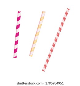 Сolorful vector straw on white background. Cocktail tubes close up.  Drinking straws with stripes vector illustration. Tubes for glasses. Set of striped colorful flexible cocktail straws. Isolated