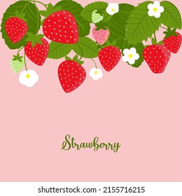Vector strawberries on a pink background. Berries, flowers and strawberry leaves. For design with space for text
