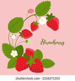 Vector strawberries on a pink background. Berries, strawberry flowers and leaves. For design with space for text