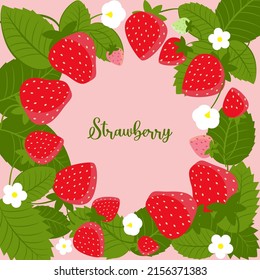 Vector strawberries on a pink background. Berries, strawberry flowers and leaves. For design with space for text