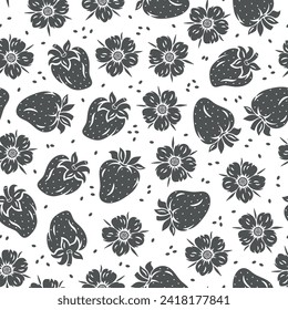 Vector Strawberries Seamless Pattern. Berry and Flower of Strawberry. Berries Black and White Background. Fruit Wallpaper. Great for Textile, Wrapping Paper, Packaging etc.