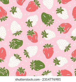 Vector Strawberries Seamless Pattern. Red, Green, White Wild Strawberry. Berries Pink Background. Fruit Berry Wallpaper. Great for Textile, Wrapping Paper, Packaging etc.