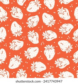 Vector Strawberries Seamless Pattern. Wild Strawberry. Berries Red Background. Fruit Berry Wallpaper. Great for Textile, Wrapping Paper, Packaging etc.