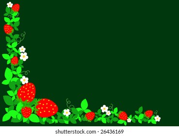 vector strawberries with sheets on dark green background