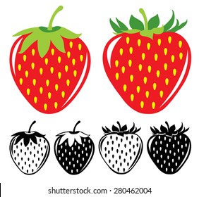 Vector strawberries. Two strawberry fruits in color and black and white, vector illustrations