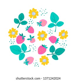 vector strawberry beries leaf flowers cute childdish funny illustration on white