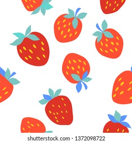 vector strawberry beries leaf flowers cute childdish funny illustration seamless pattern on white