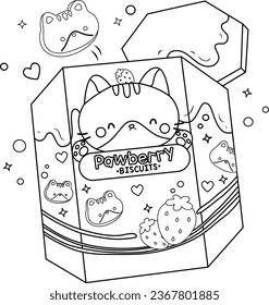 a vector of strawberry biscuit with cat design in black and white coloring