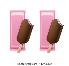 Vector Strawberry Bitten Popsicle Choc-ice Lollipop Ice Cream in Chocolate Glaze on Stick with Filling with Pink Plastic Wrapper for Branding Package Design Close up Isolated on Background