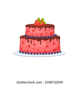 Vector strawberry cake with chocolate glaze isolated