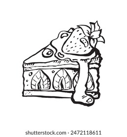 Vector de fresa pastel ilustración boceto. Delicioso trozo de pastel triangular con relleno de fresa. Postre de verano, ilustración para publicidad de café, embalaje.
