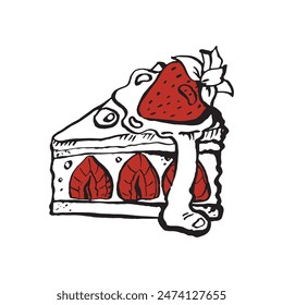 Vektorgrafik Erdbeerkuchen Illustrationsskizze. Leckeres Dreieckskuchen-Stück mit Erdbeerfüllung. Sommer-Dessert, Illustration für Café-Werbung, Verpackung.