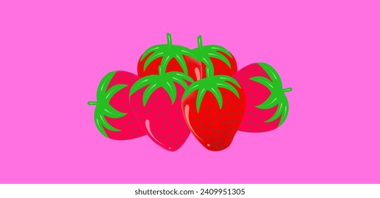 Vektor-Erdbeere mit Zeichentrickbildsatz. Frische reife rote ganze Beeren auf rosafarbenem Hintergrund. gesundes Essen, Sommer, Vitaminkonzept.