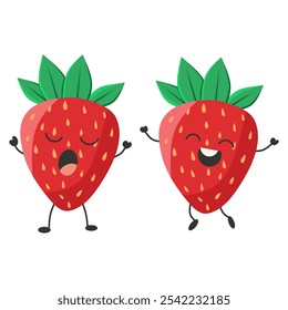 Vektor Erdbeere Zeichen Sammlung. Tanzen, Lächeln, Fröhlich und Singen. Erdbeeren mit verschiedenen Gesichtern und Emotionen. Vektorgrafik. Süße Erdbeeren im Kawaii Cartoon Style. Strawberrie