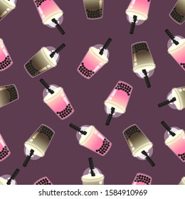 vector strawberry and chocolate bubble milk tea seamless pattern