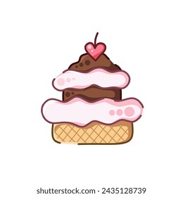 Vector strawberry and chocolate ice cream in a cone, with a heart-shaped cherry on top